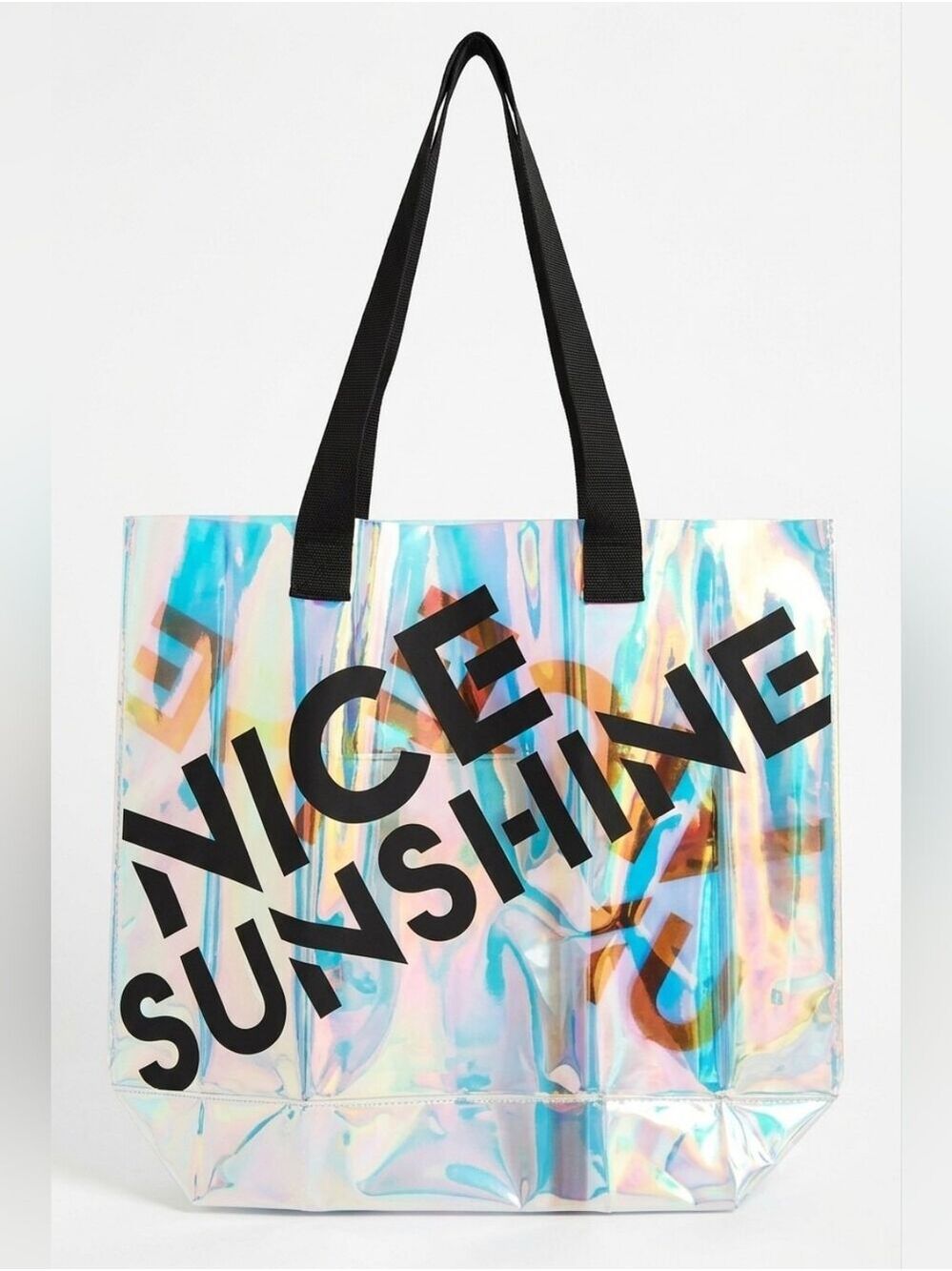 NWT Nice Sunshine Holographic Beach Tote Bag w/Black Straps and Waterproof Pouch